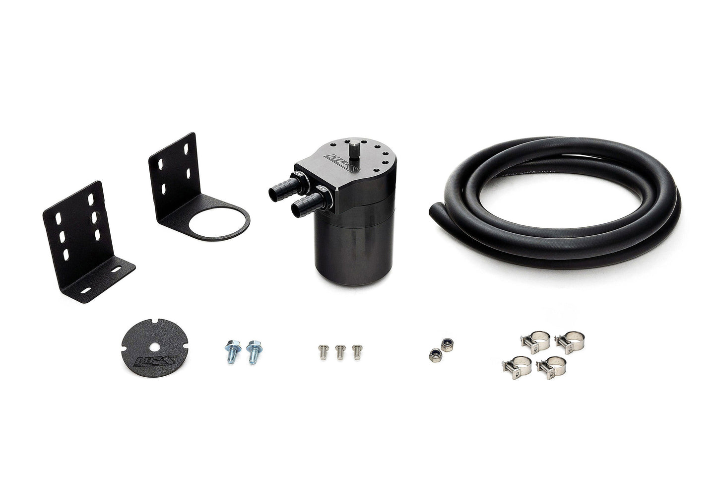 HPS Performance Aluminum Oil Catch Can Kit with 3/8" Barb Adapters and Rubber Hoses, Black, 861-501WB