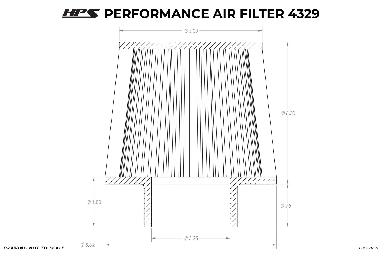 HPS Performance 3.25" Air Filter, 6.75" Length, 5-5/8" Base, 5" Top, HPS-4329