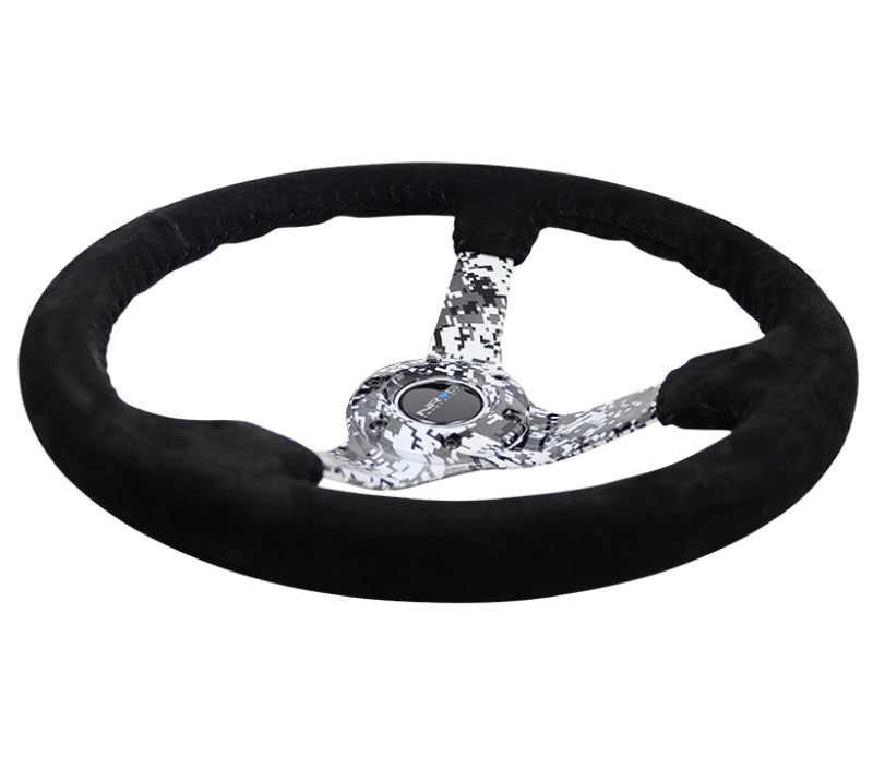 NRG Reinforced Steering Wheel (350mm / 3in. Deep) Blk Suede w/Hydrodipped Digi-Camo Spokes