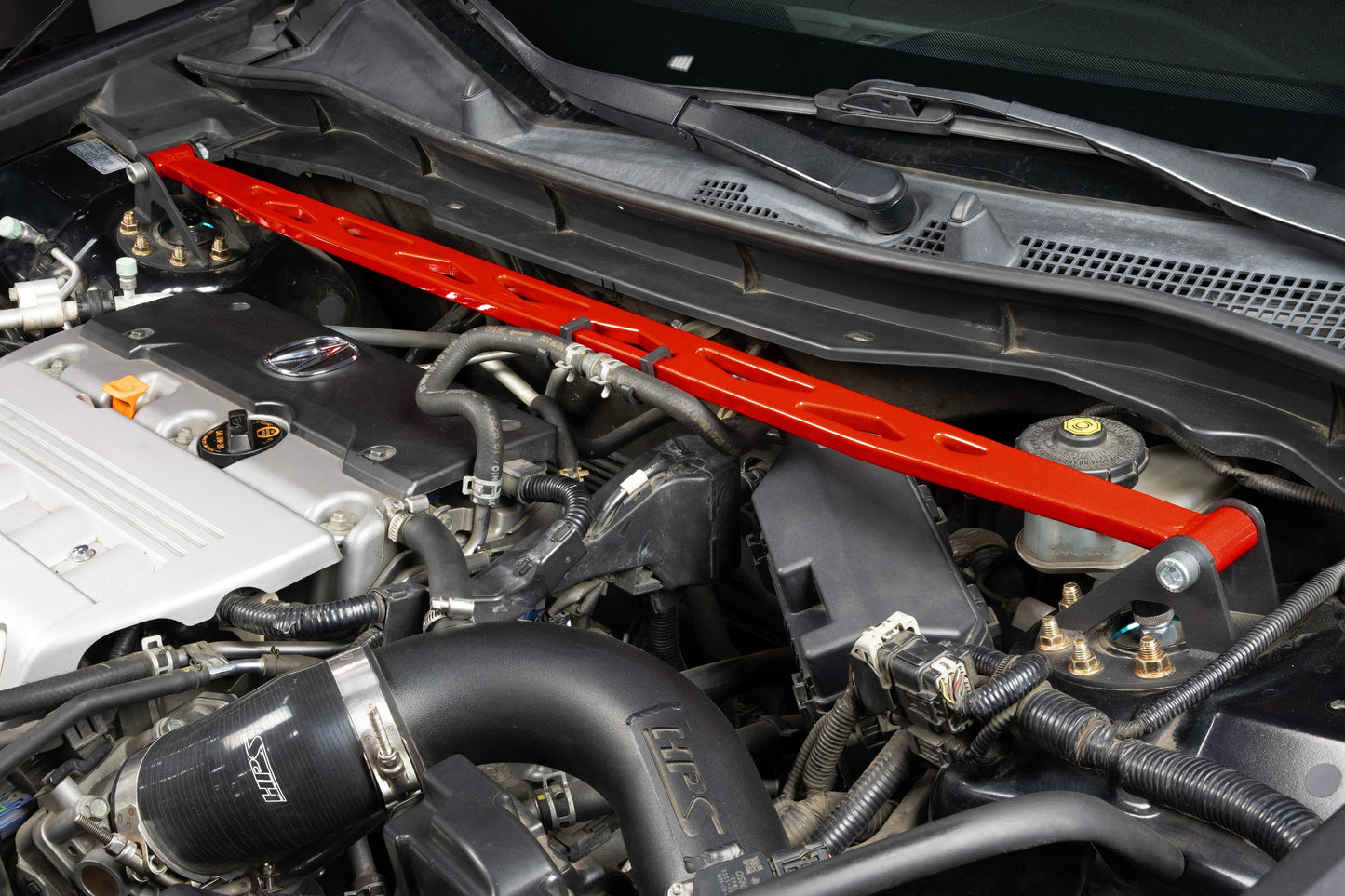 HPS Performance Aluminum Front Strut Tower Brace Bar, Red, 42-119R