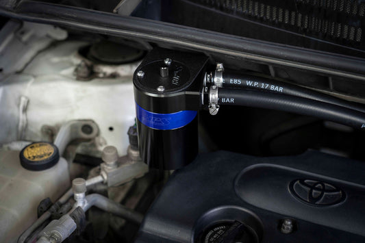 HPS Performance Aluminum Oil Catch Can Kit with 5/8" Barb Adapters and Rubber Hoses, Blue, 861-503BL