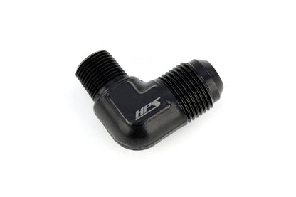 HPS Performance 90 Degree -8 AN Flare to 1/2" NPT Adapter, Aluminum, Black