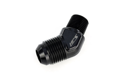 HPS Performance 45 Degree -4 AN Flare to 3/8" NPT Adapter, Aluminum, Black