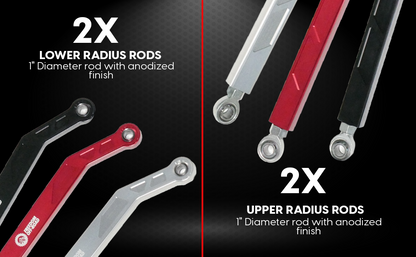 High Clearance Heavy Duty Radius Rod Set (4) - Red 17-24 Polaris RZR Freedom Off-Road