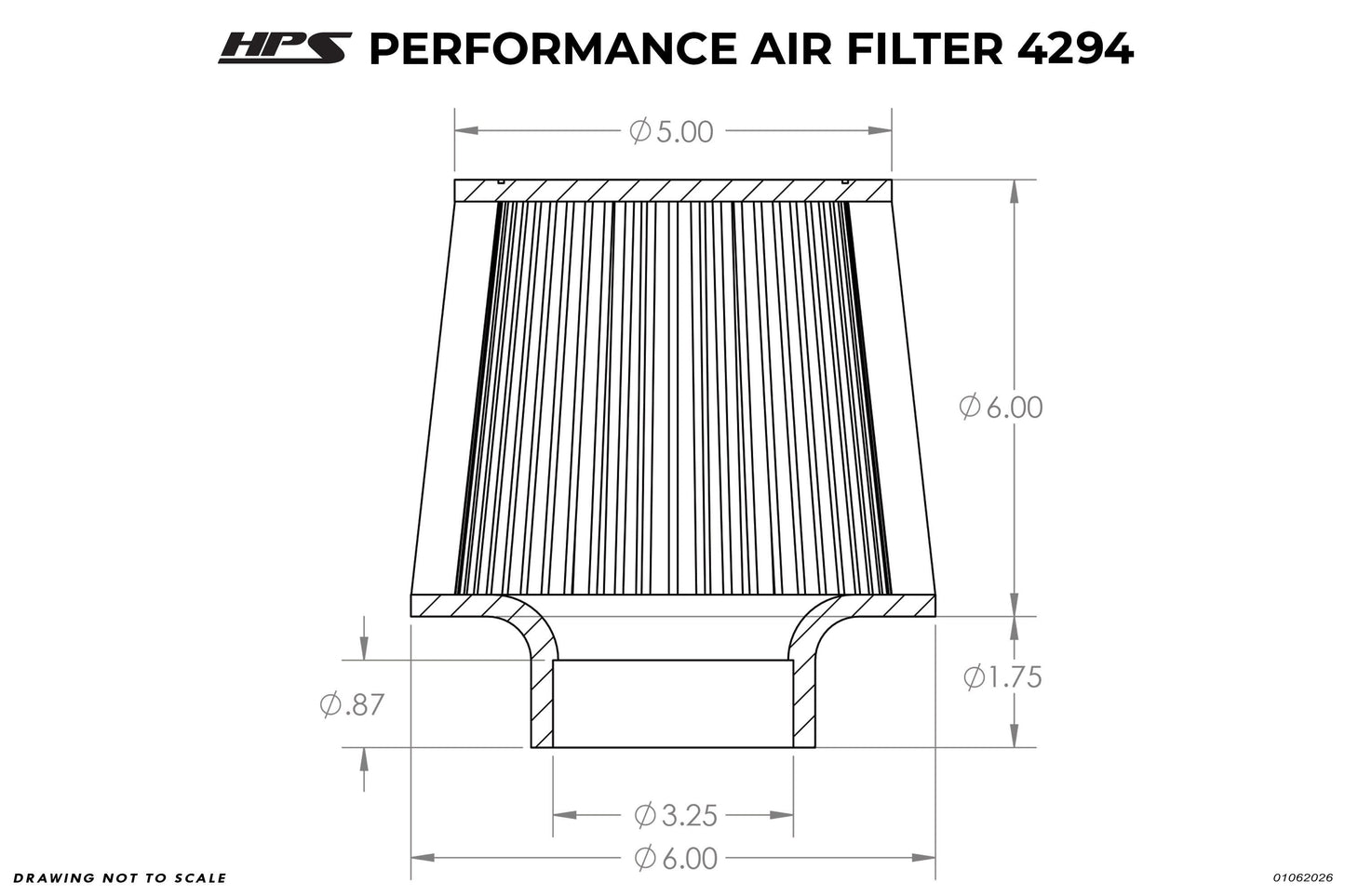 HPS Performance 3.25" Air Filter, 7.75" Length, 6" Base, 5" Top, HPS-4294