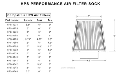 HPS Performance Universal Water Resistant Air Intake Pre-Filter Sock HPS-9147