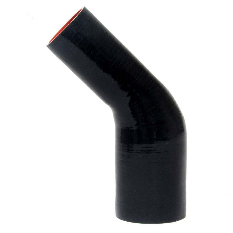 HPS 2.25 inch - 3 inch ID High Temp 4-ply Reinforced Silicone 45 Degree Elbow Reducer Hose Black 57mm - 76mm ID
