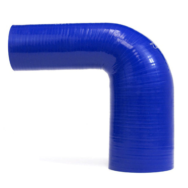HPS 2.25 inch - 3 inch ID High Temp 4-ply Reinforced Silicone 90 Degree Elbow Reducer Hose Blue 57mm - 76mm ID
