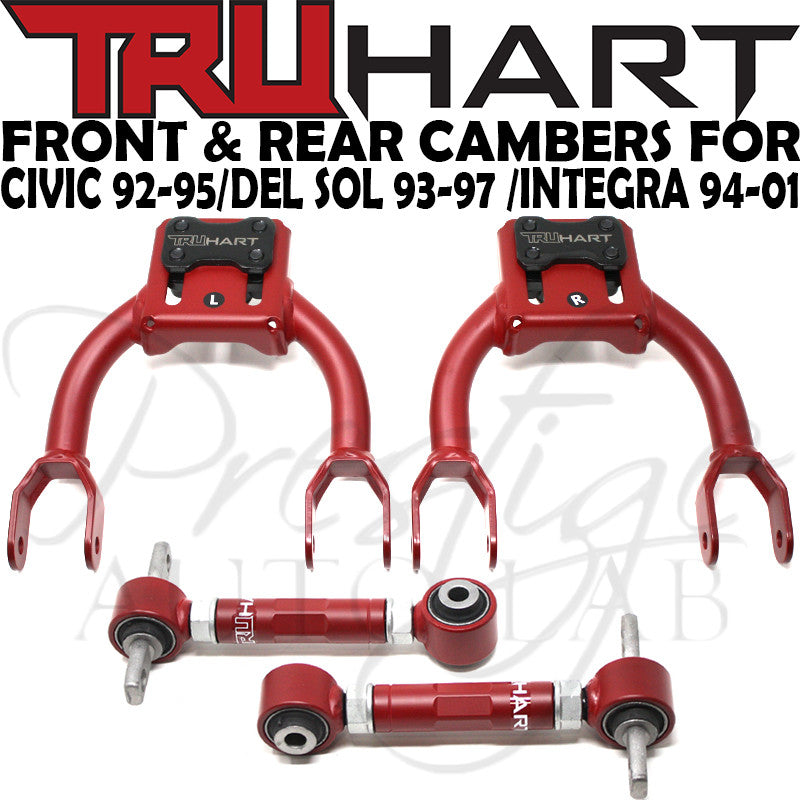 TruHart Front Adjustable Upper Camber Control Arms + Rear Camber + Toe + Polished Lower Control Arm LCA for Civic 1992-1995 / Integra 1994-2001 / 1993-1997 Del Sol