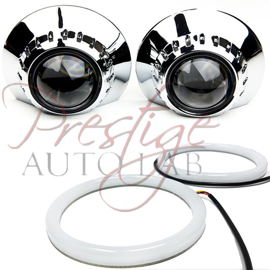 2x UNIVERSAL HID XENON PROJECTOR BEZELS SHROUDS BMW E46 Style 2.5"-3" E46-R + Cotton Halo